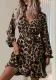 Women Elegant V Neck Lantern Sleeve Leopard Print Dress