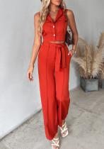 Women Casual Turndown Collar Vest and Pants Two Piece Set