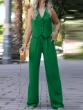 Women V-Neck Sleeveless Vest and Wide Leg Trousers Two Piece Set