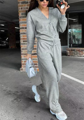 Women Solid Casual Button Top and Pants Two Piece Set