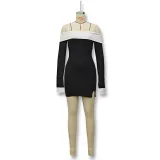 Women Fall Winter Contrast Color Off Shoulder Long Sleeve Bodycon Dress