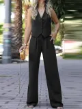 Women V-Neck Sleeveless Vest and Wide Leg Trousers Two Piece Set