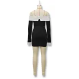 Women Fall Winter Contrast Color Off Shoulder Long Sleeve Bodycon Dress