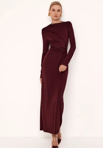 Women Solid Gathered Long Sleeve Elegant Maxi Dress