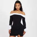 Women Fall Winter Contrast Color Off Shoulder Long Sleeve Bodycon Dress