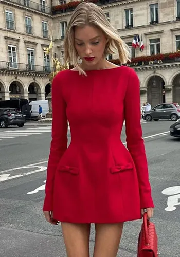 Women Fall Winter Women Long Sleeve Bow Dress