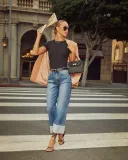Spring High Waist  Elastic Straight Denim Pants For Women
