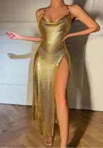 Women's Nightclub Sexy Halter Neck Strap Low Back Metal High Slit Dress