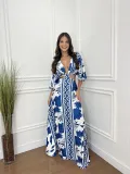 Women Color Block Bat Sleeves Lace-Up Maxi Dress