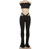 Autumn Fashion High Street Sexy Strapless Crop Top Low Waist Pants Two Piece Set