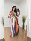 Women Color Block Bat Sleeves Lace-Up Maxi Dress