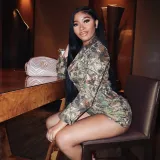Fashion Women's Autumn Deep V Tight Fitting Camouflage Jumpsuit