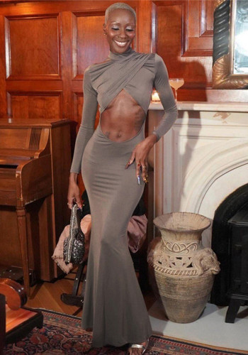 Autumn Fashion Women's High Street Trendy Sexy Hollow High Waist Slim Fit Long Sleeve Dress