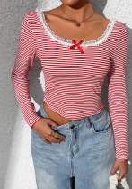 Women Striped Patchwork Lace Long Sleeve Crop T-Shirt