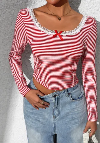 Women Striped Patchwork Lace Long Sleeve Crop T-Shirt