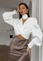 Women shiny satin long-sleeved v-neck crop shirt