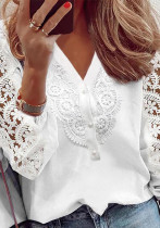 Women Solid Button Lace Patchwork V-neck shirt