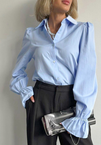 Women autumn and winter blue Turndown Collar Bell Bottom sleeve Shirts