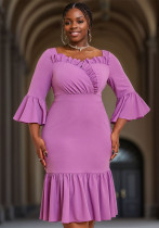 Women Purple Ruffle Edge Square Neck Bell Bottom fishtail dress