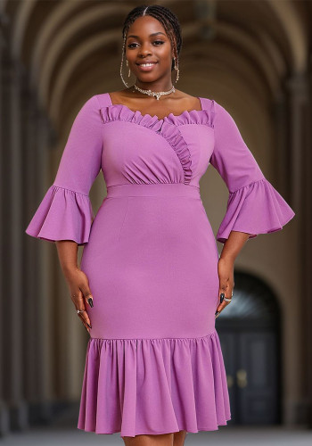 Women Purple Ruffle Edge Square Neck Bell Bottom fishtail dress