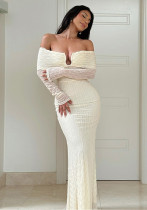 Women metal buckle Off Shoulder long-sleeved dress