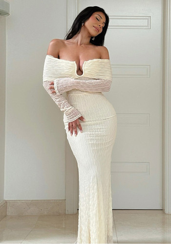 Women metal buckle Off Shoulder long-sleeved dress