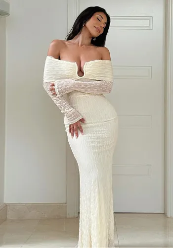 Women metal buckle Off Shoulder long-sleeved dress