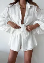 Women casual long-sleeved top and ruffled shorts Two Piece Set