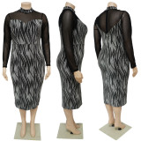 Sexy See-Through Patchwork Nigh Club V-Neck Long Sleeve Women'S Plus Size Dress