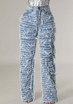 Women Ripped Edge Tassel Denim Pants
