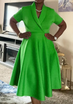 Plus Size Women Cross Turndown Collar Short Sleeve Solid Dress