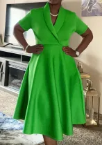 Plus Size Women Cross Turndown Collar Short Sleeve Solid Dress