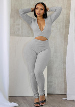 Autumn And Winter Sexy Deep V-Neck Hollow Tight Fitting Long-Sleeved Solid Color Sports Jumpsuit