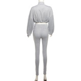 Spring And Autumn Sexy Drawstring Slim Waist Crop Top High Waist Tight Fitting Trousers Two Piece Set