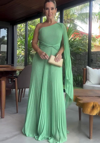 Summer Solid Color Fashion Slash Shoulder Raglan Sleeve Slim Waist Pleated Long Dress