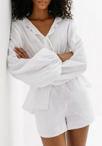 Summer Comfortable Style Sexy White V-Neck Slim Waist Lace-Up Long-Sleeved Top Shorts Linen Ruffle Two Piece Set
