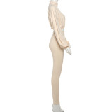 Spring And Autumn Sexy Drawstring Slim Waist Crop Top High Waist Tight Fitting Trousers Two Piece Set