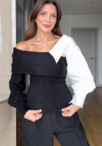Chic Color Matching Design Off-Shoulder Long-Sleeved Knitting Sweater