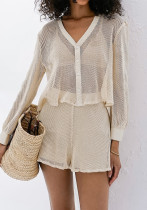 Beige Mesh V-Neck Long-Sleeved Top Shorts Casual Summer Fashion Two-Piece Set