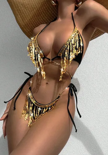 Women sexy Backless tassel Lace-Up Swimsuit Bikini Two Pieces