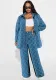 Women Denim Tassel Plaid Long Sleeve Top and Pant Two-piece Set