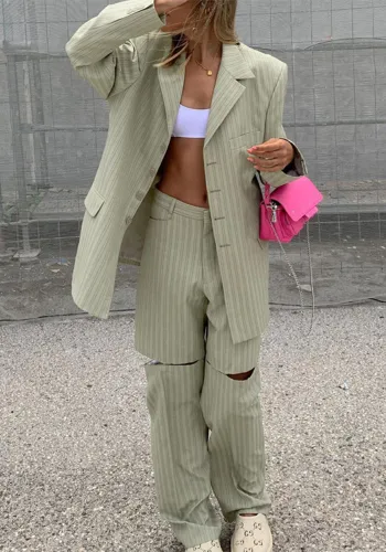 Fashion Striped Loose Women's Spring Autumn Casual Blazer Trousers Two-Piece Set