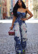 Women Elastic Off-Shoulder Cargo Splash Ink Bell Bottom Denim Jumpsuit