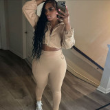 Spring And Autumn Sexy Drawstring Slim Waist Crop Top High Waist Tight Fitting Trousers Two Piece Set