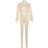 Spring And Autumn Sexy Drawstring Slim Waist Crop Top High Waist Tight Fitting Trousers Two Piece Set