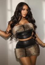 Women's Street Fur Patchwork Leather Short Skirt Strapless Top Sexy Two-Piece Set