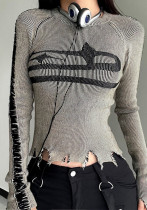 Women American Street Punk Style Contrast Ripped Top
