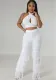 Women's Cross Halter Neck Solid Color Top Sexy Slim Mesh Tassel Pants Two Piece Set