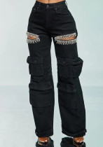Women Hollow Diamond Cargo Elastic Denim Pants