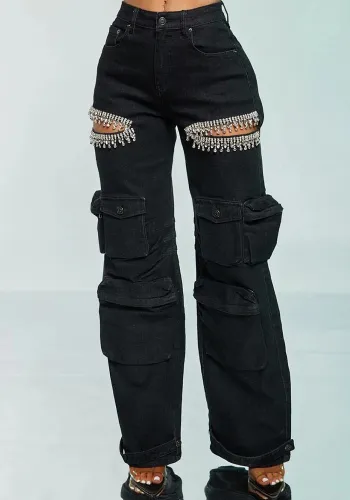 Women Hollow Diamond Cargo Elastic Denim Pants